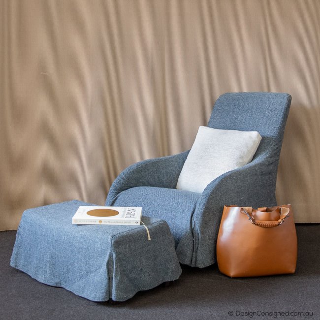 blue linen designer armchair at Design Consigned
